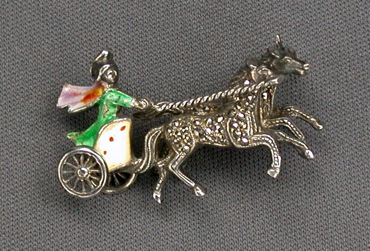 Silver & Enamel Marcasite Horse & Chariot Pin