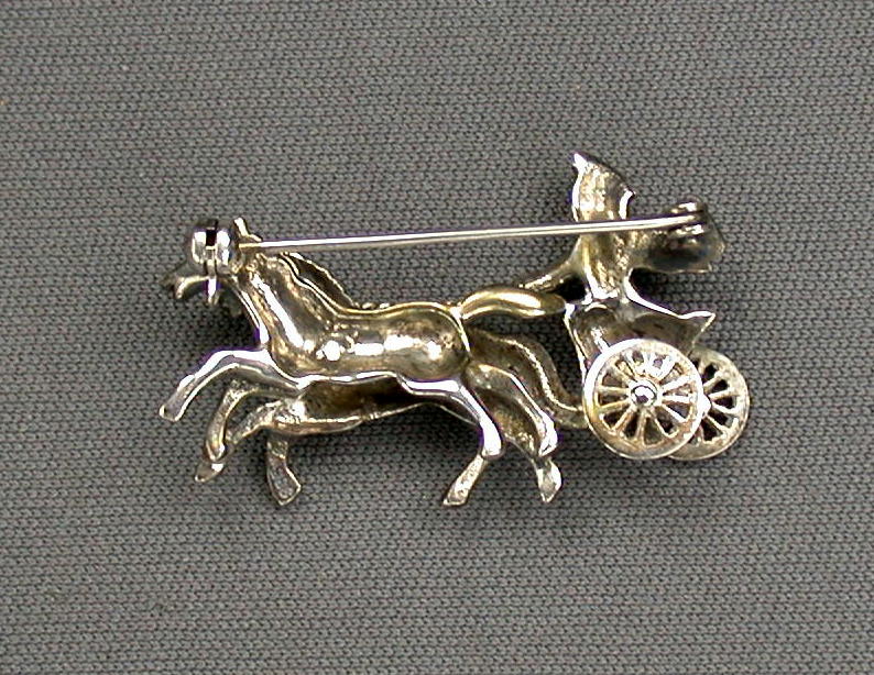 Silver & Enamel Marcasite Horse & Chariot Pin