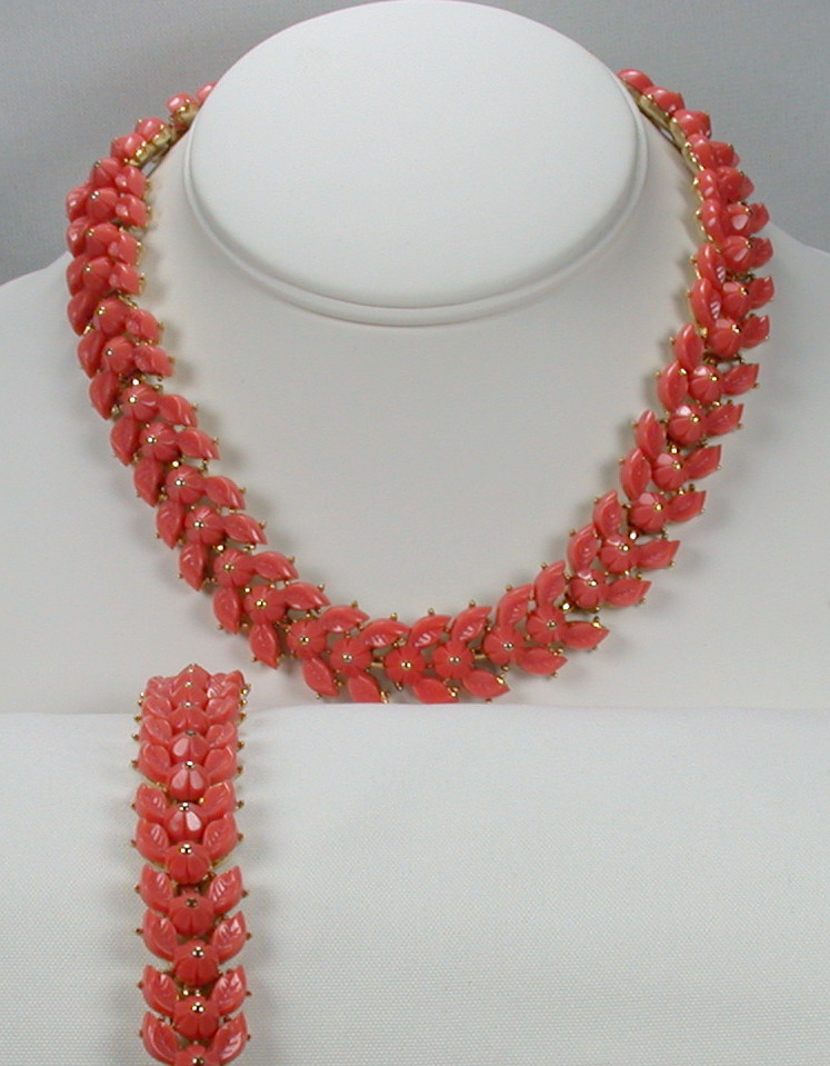 Trifari Coral Thermoset Necklace & Bracelet Set