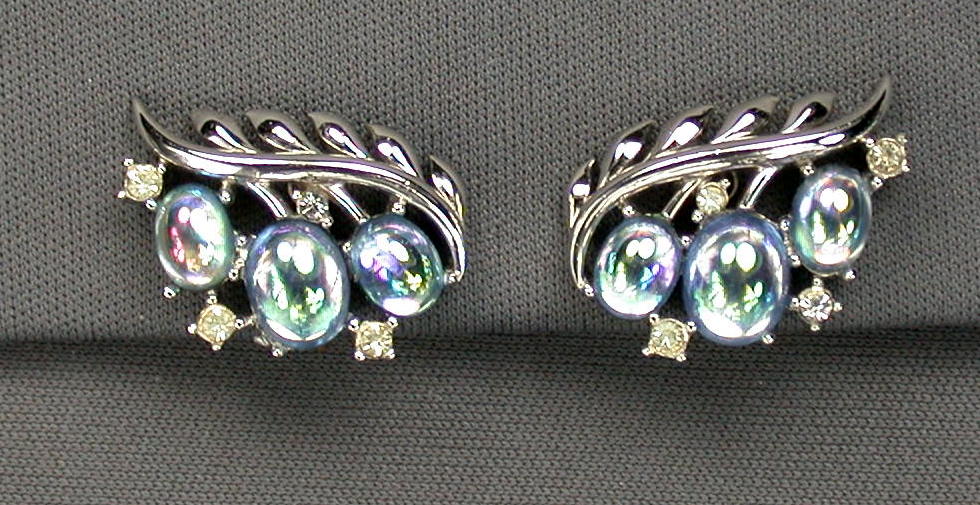 Trifari Blue Iridescent Cabochon Earrings