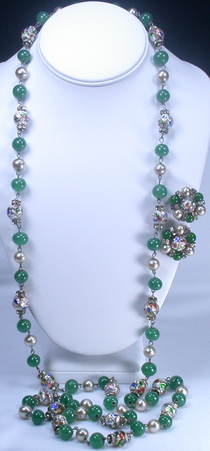 German Foil Glass Bead Necklace & Earrings Set