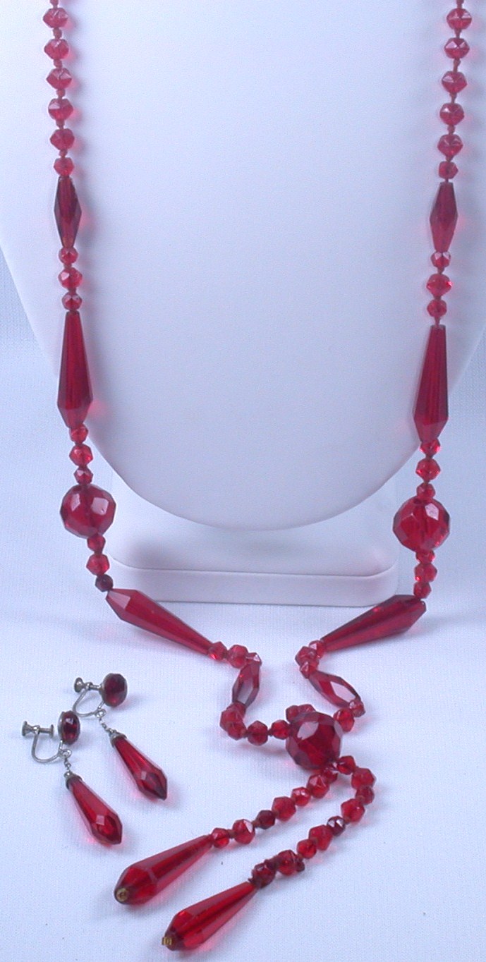 Red Glass Bead Flapper Necklace & Earrings