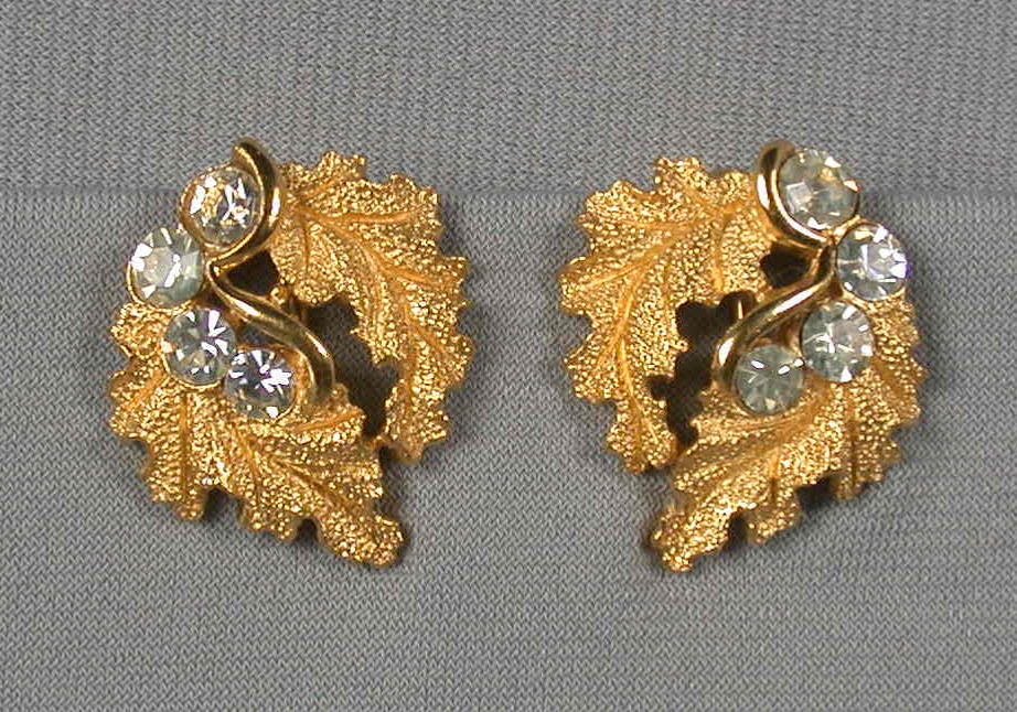 Trifari Rhinestone Leaf Earrings